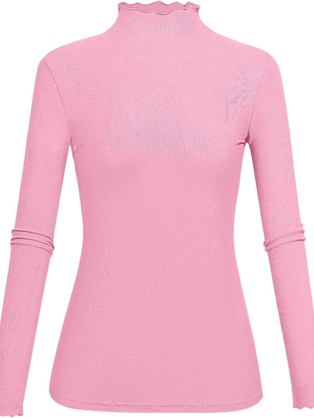 Lightweight Ruffle Mock Neck Tops Ribbed Lettuce Trim Soft Base Layer for Women